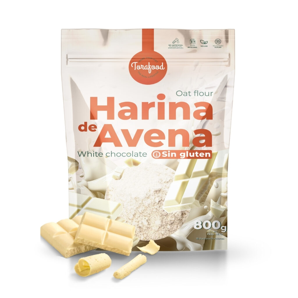 Harina de avena integral sin gluten sabor chocolate blanco Torafood 800 g en envase doypack.