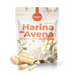Harina de avena integral sin gluten sabor chocolate blanco Torafood 800 g en envase doypack.